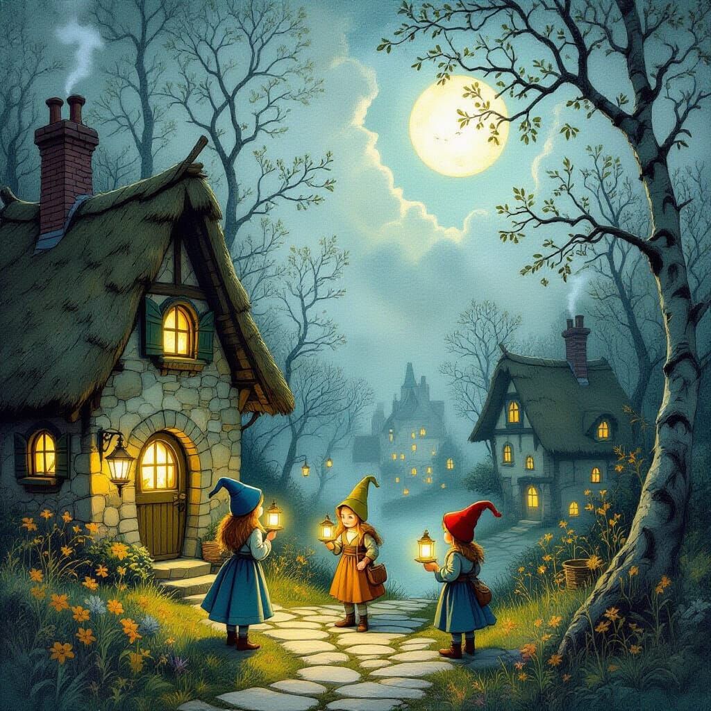 Enchanted Village with Fairies and Gnomes Doing Chores