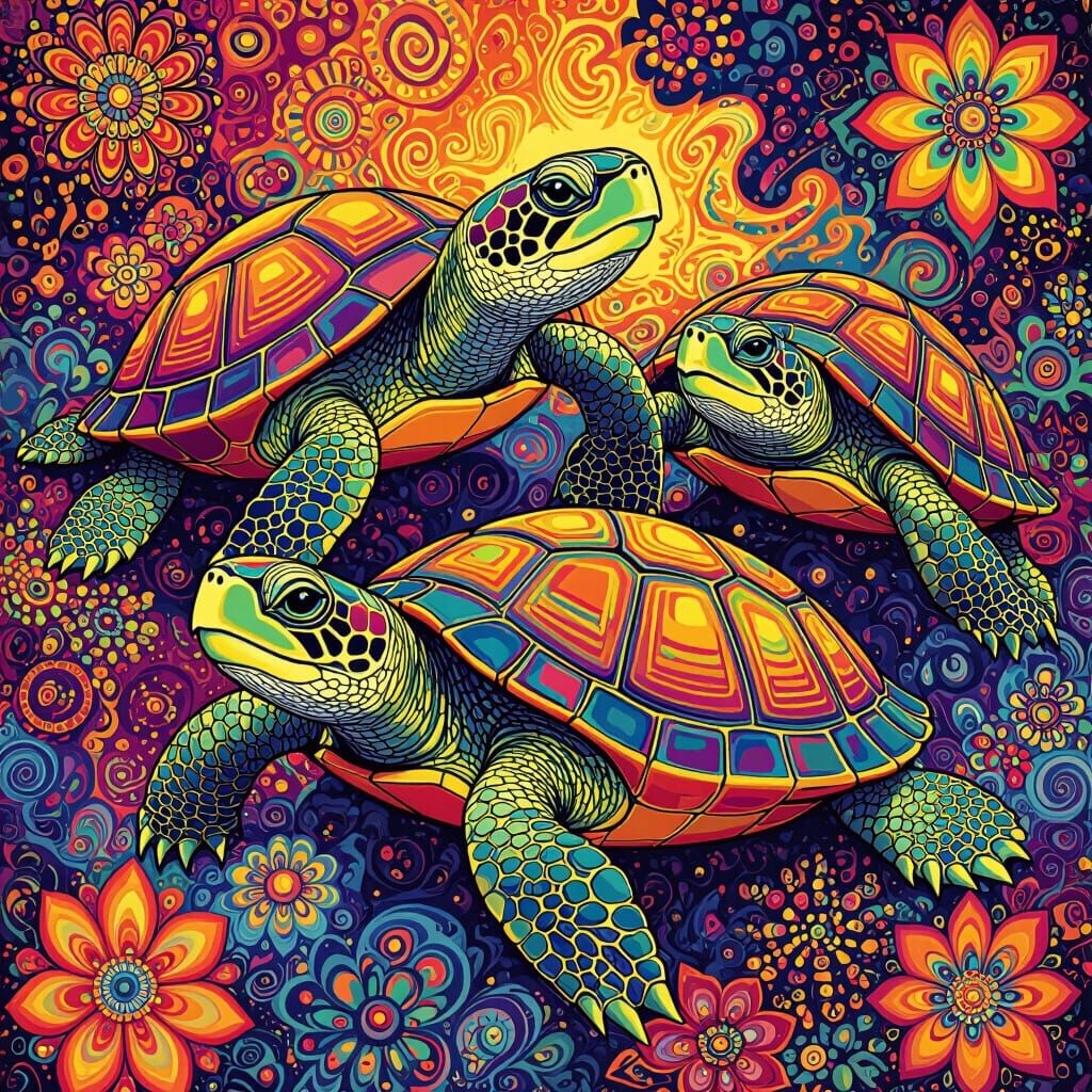 Psychedelic Terrapins in Groovy Surreal Artwork