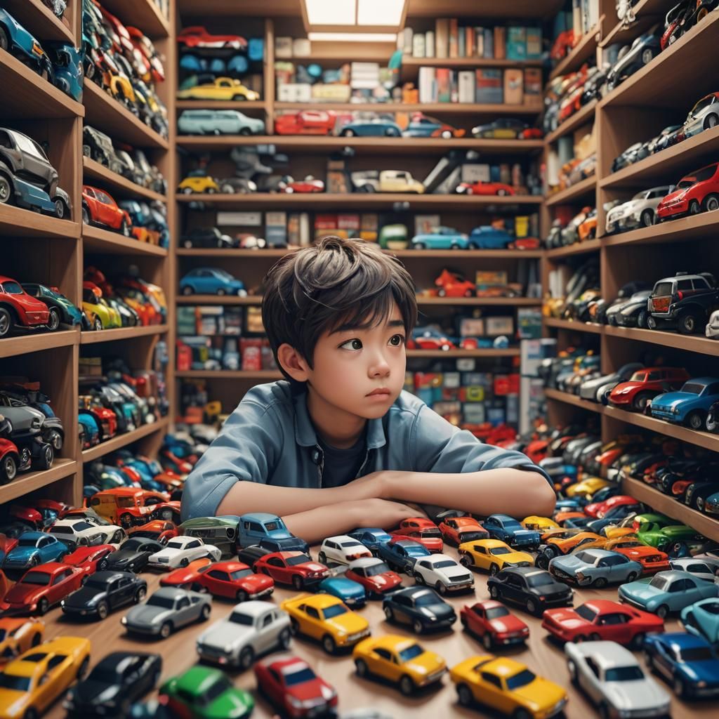 Anime Boy Surrounded by Toy Cars, Unsatisfied