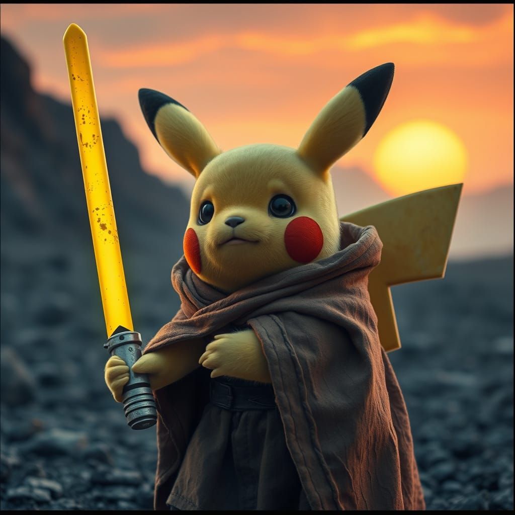 Pikachu Wields a Gritty Yellow Lightsaber in a Sunset Landsc...