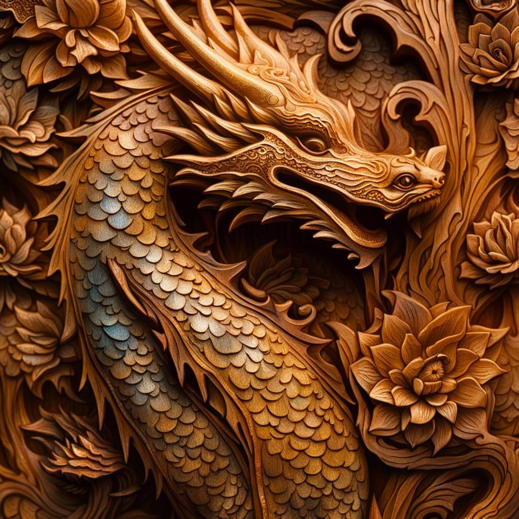 Dragon and Lotus Wood Carving in Surreal Style