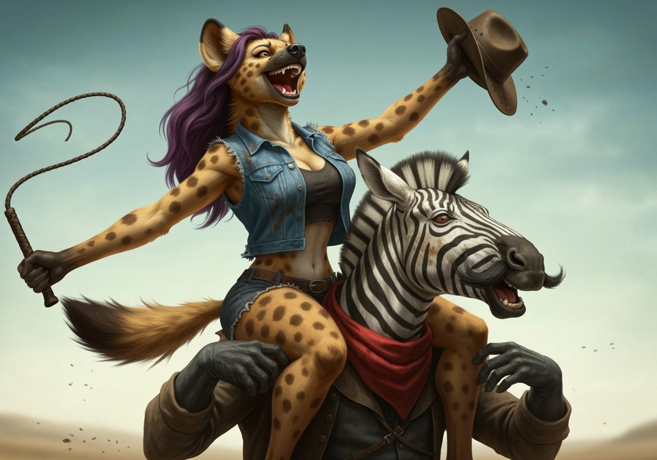Anthropomorphic Hyena Rides Zebra in Western Desert