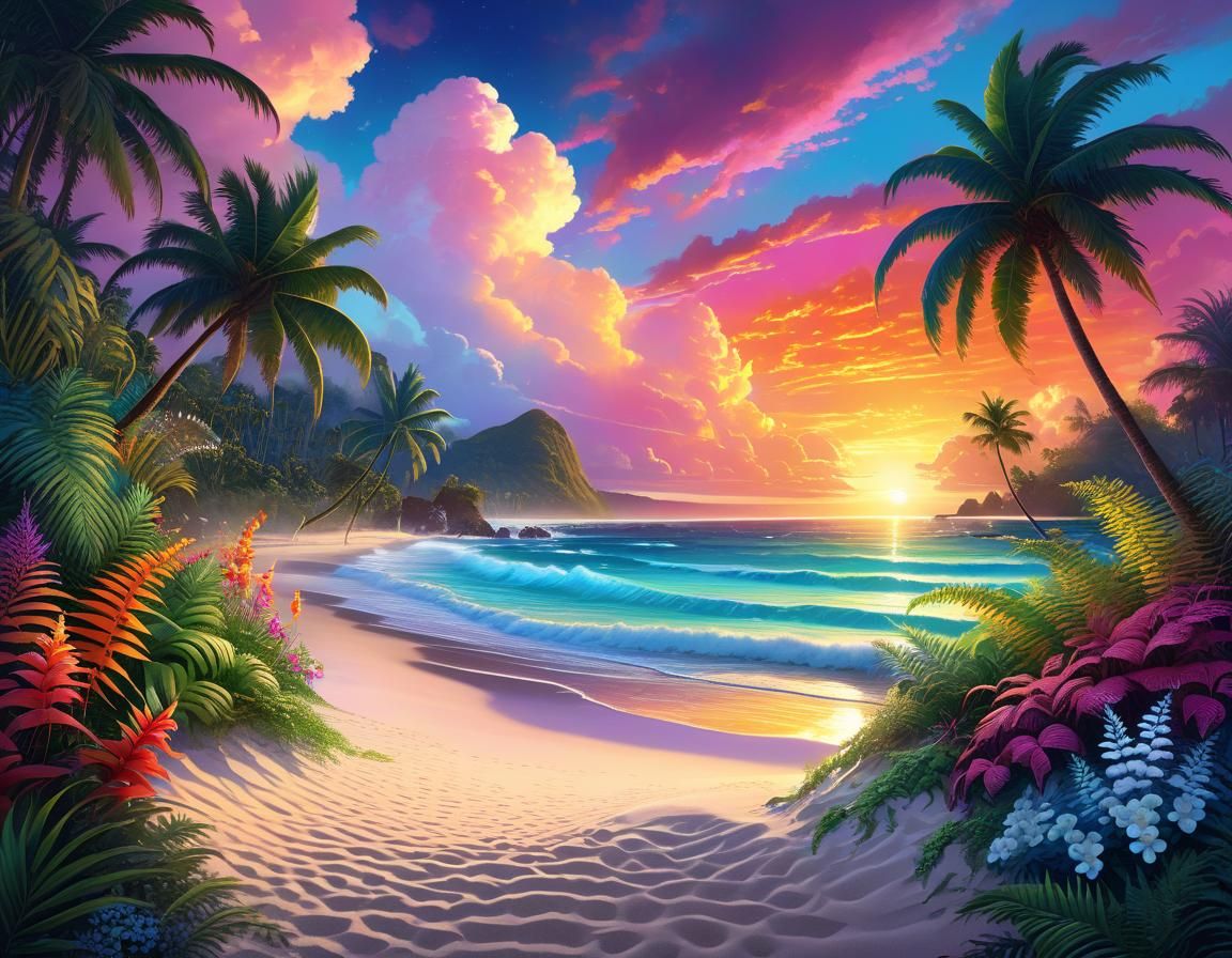 Tropical Sunset Dreamscape in Watercolor Style