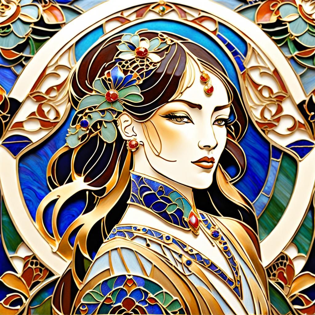 a beautiful woman, 2d, Cloisonne, filigree gold accents, Intricate, gold and gems, Bold colors, Art nouveau, Cloisonne, ...
