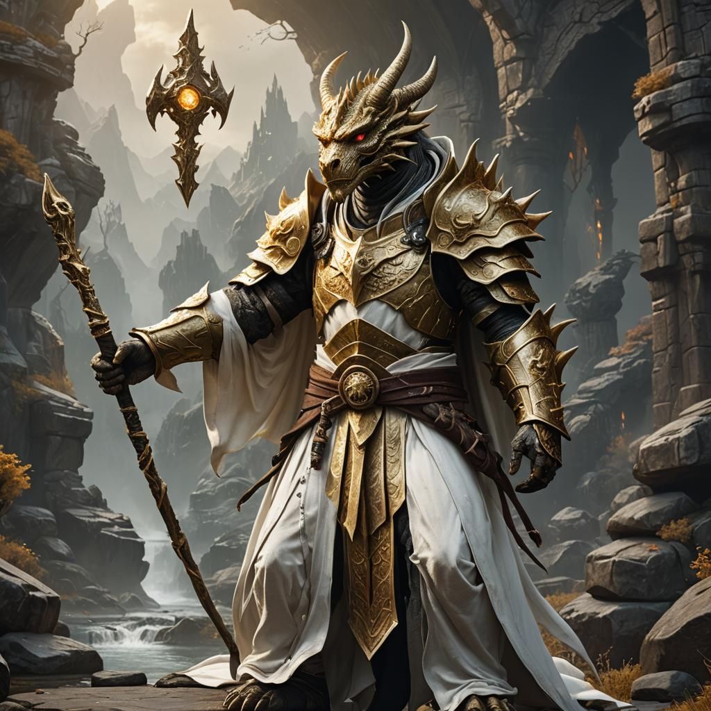 Golden Dragonborn Mage in Detailed Fantasy Art