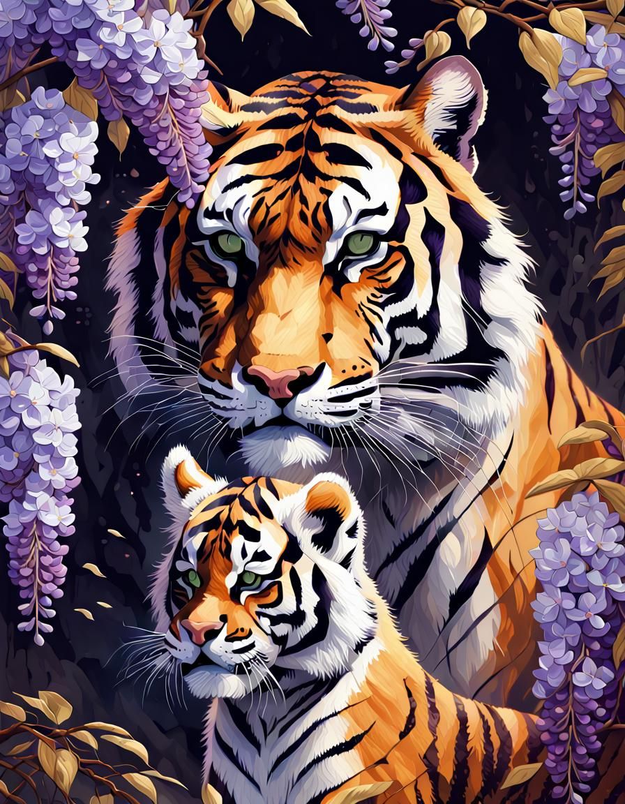 Tiger Mother and Cubs: Tender Ink Portrait
