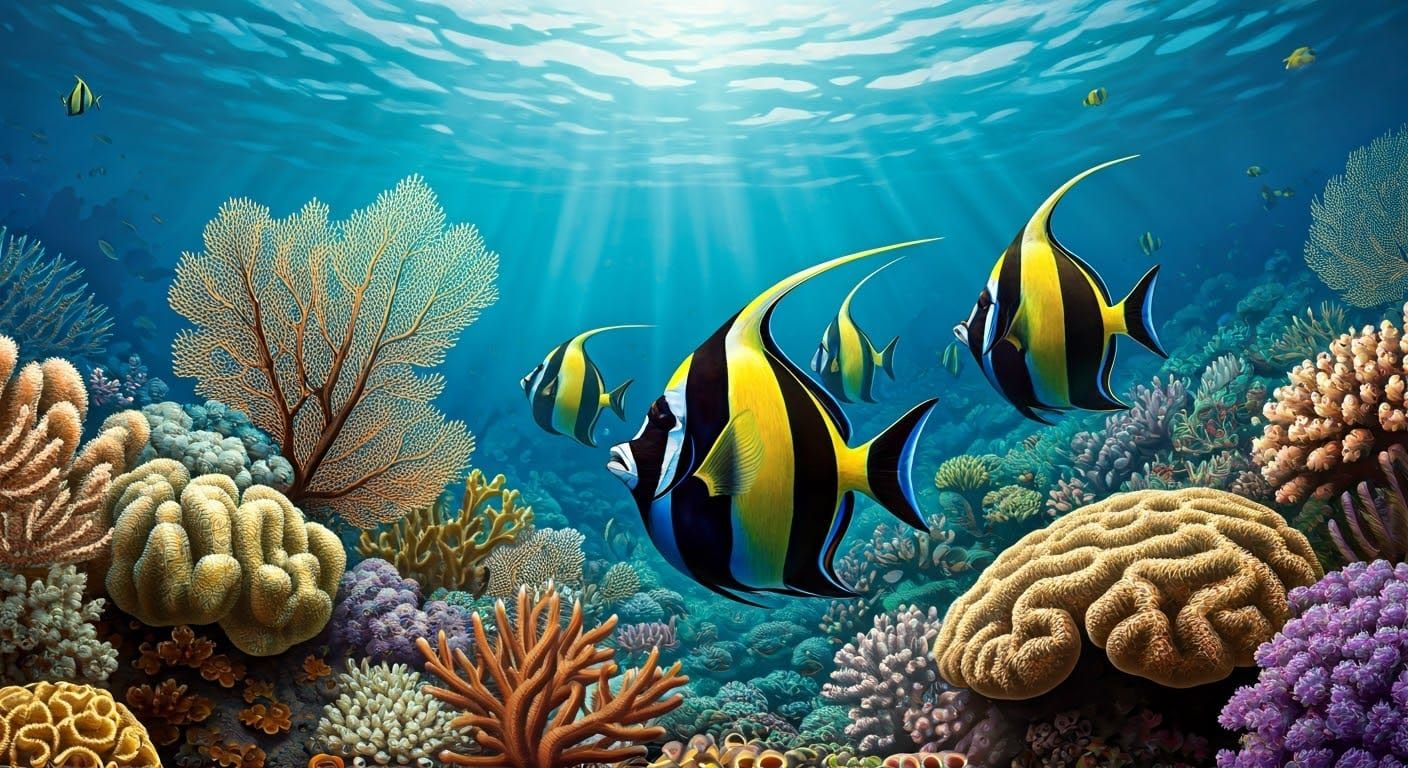 Vibrant Moorish Idol School on Coral Reef in Realistic Zoolo...