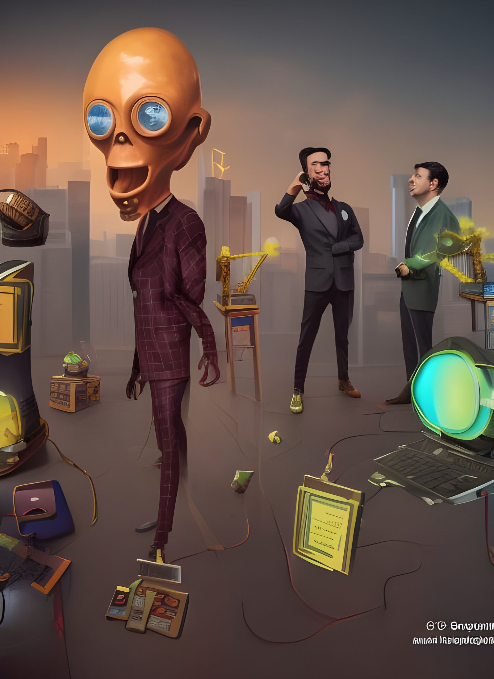 Artificial Corporate Spokesperson in Dystopian Setting