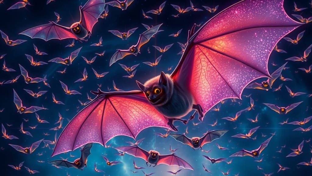 Bioluminescent Bats Swirling in Neon Lit Sky