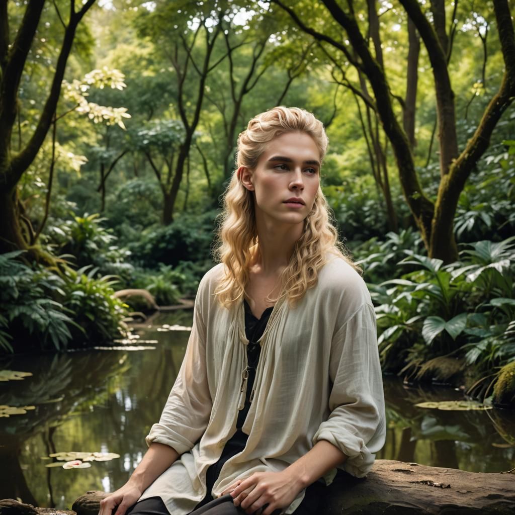 Androgynous Man with Long Hair in Enchanted Forest