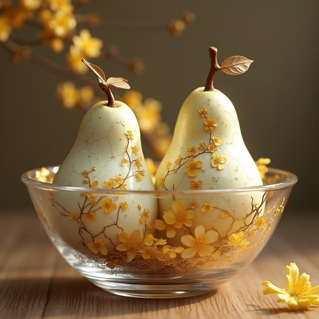 Kintsugi Porcelain Pears with Flowers in 3D Anime Style