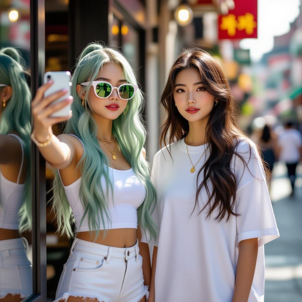 Asian Sisters Take Selfie on South Korean Street