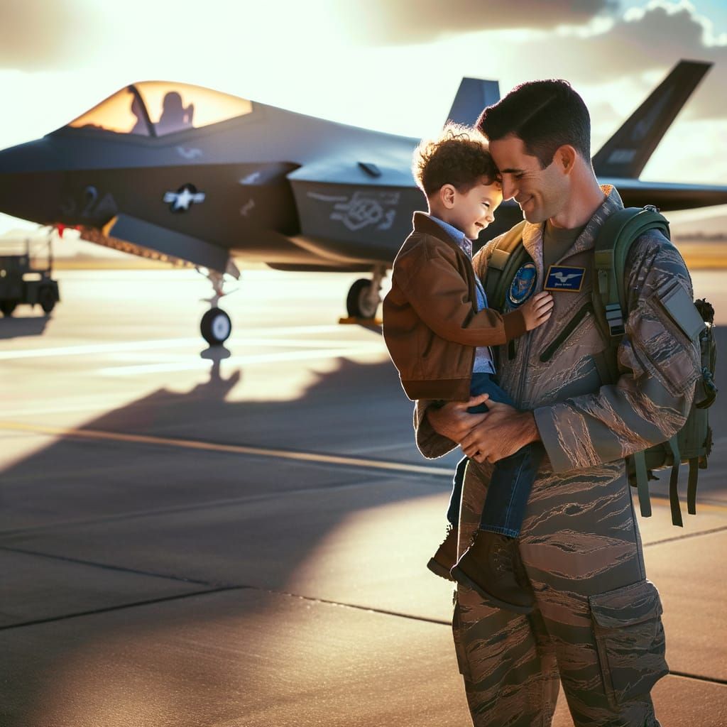 Air Force Pilot and Son Share Golden Hour Embrace