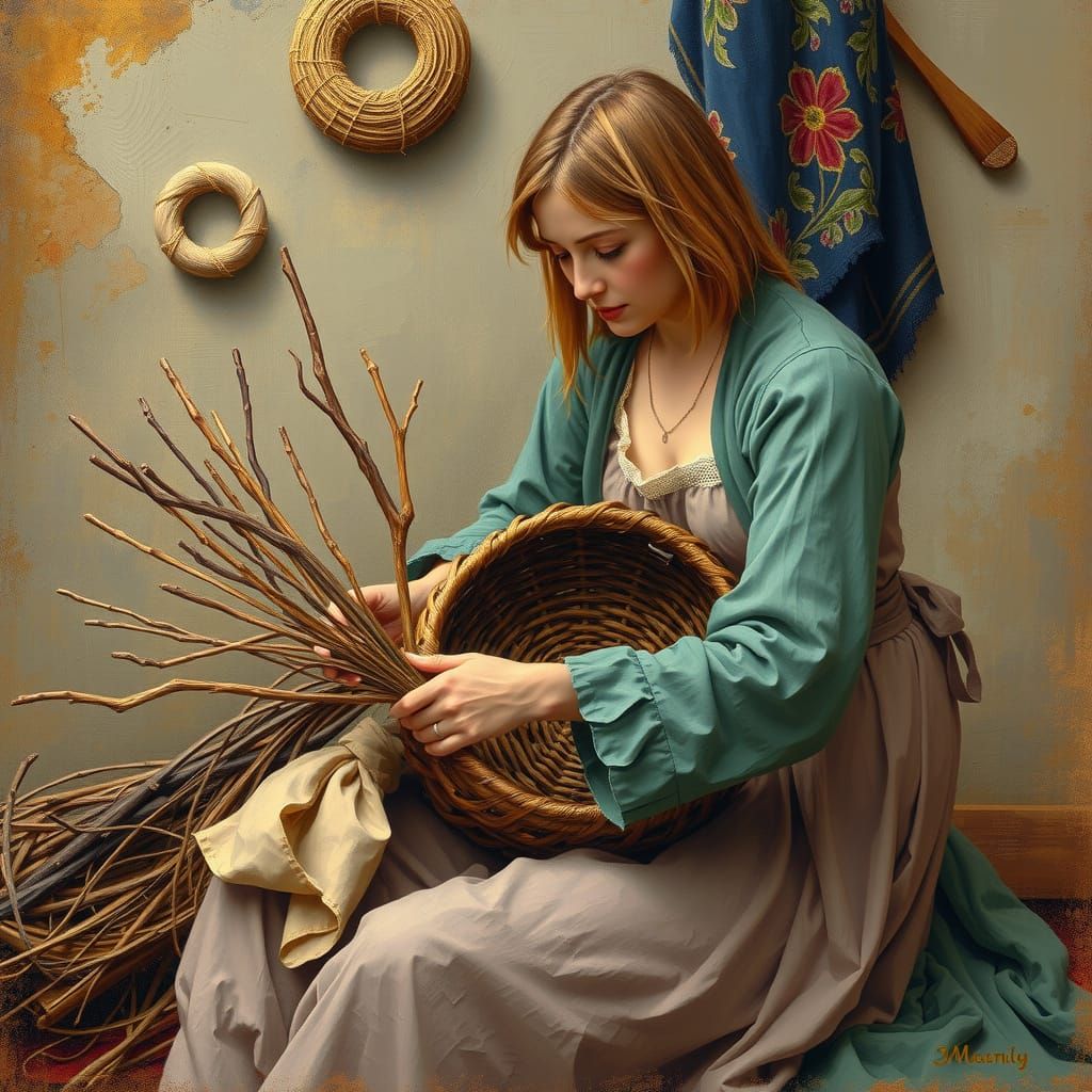 Woman Weaving Basket with Impressionist Style