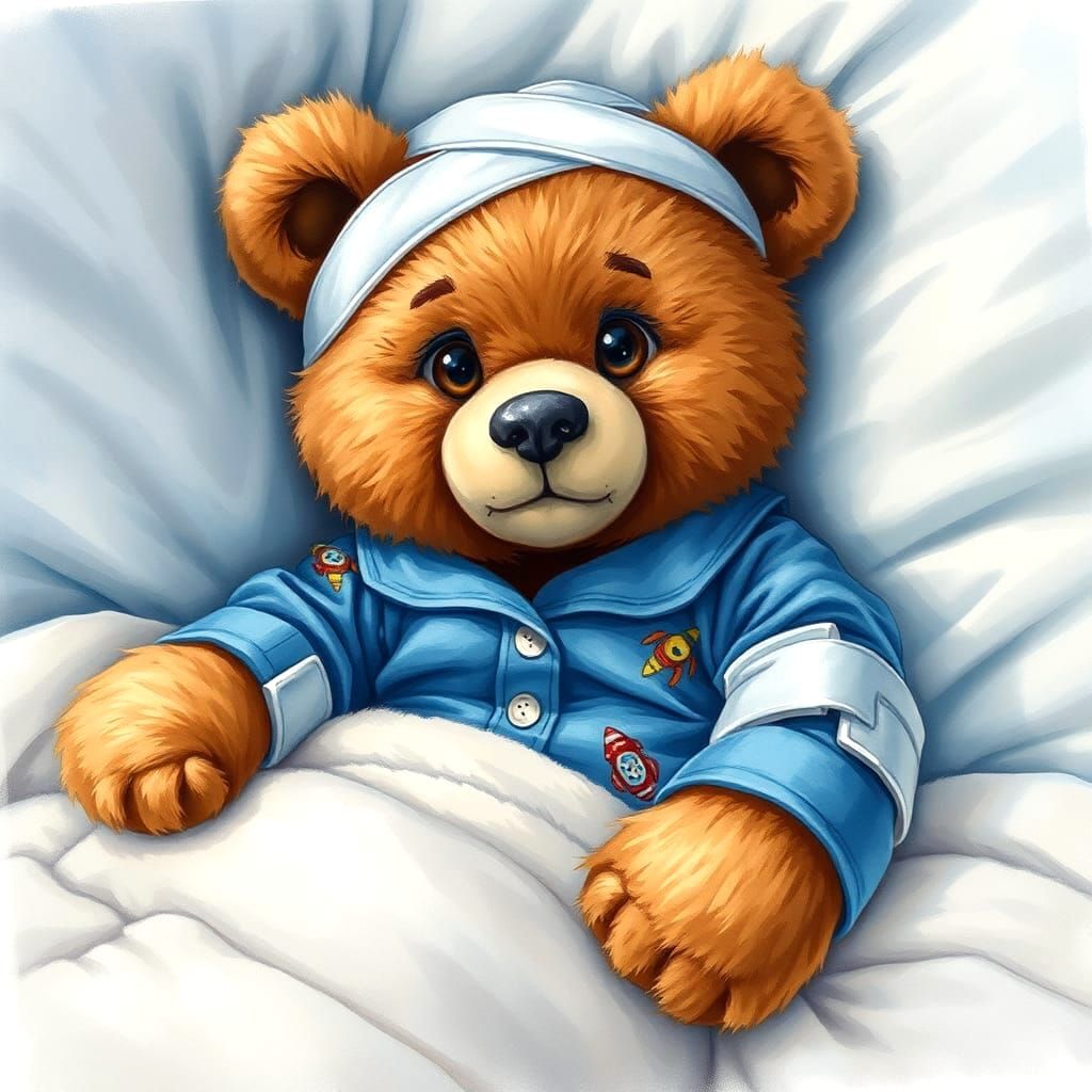 Teddy Bear Recovery: Watercolor and Ink Illustration