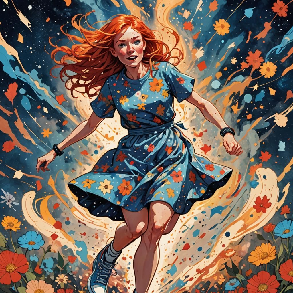 Fiery Redhead in Floral Dress, Dynamic Comic Art