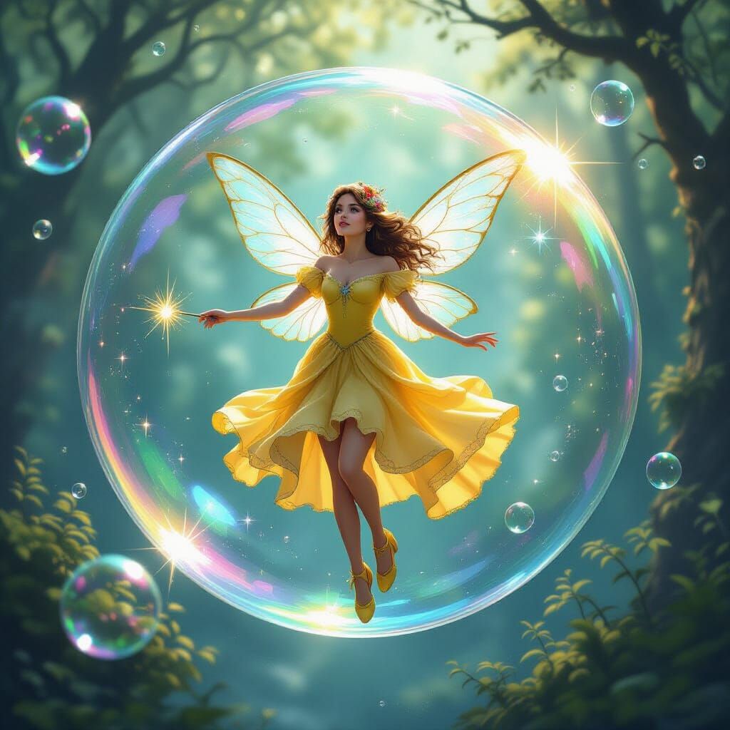 Hispanic Fairy Floating in Bubble in Enchanted Forest