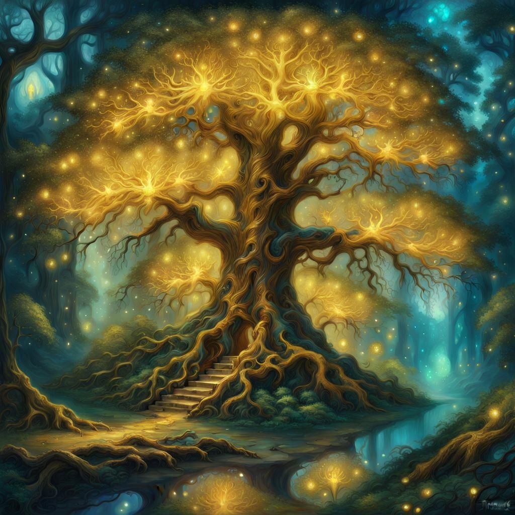 Glowing Elven Tree in Enchanted Forest