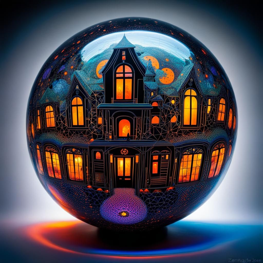 Halloween Hotel in Glass Ball: Hyperdetailed Line Art