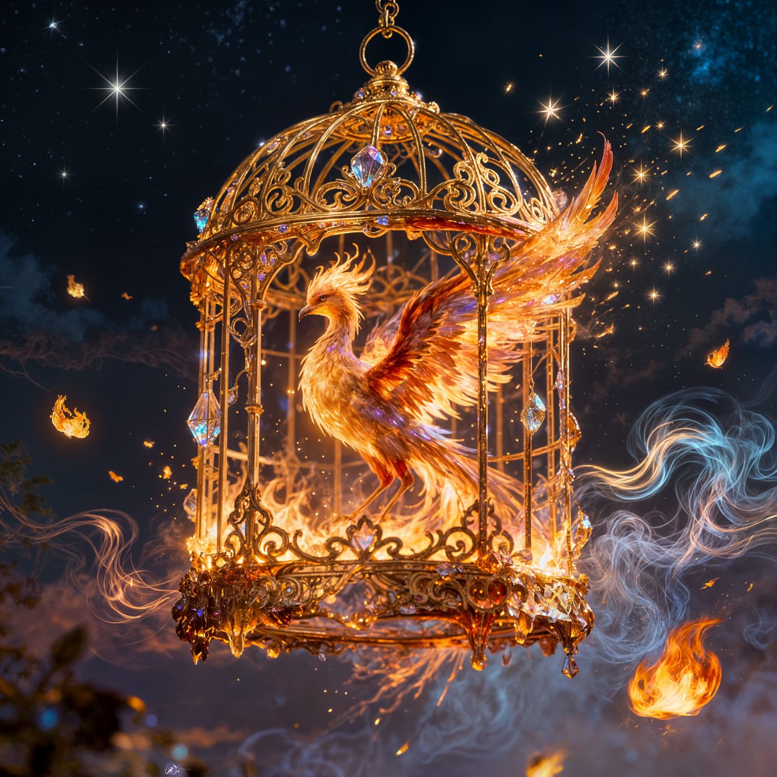 Burning Golden Cage with Blazing Firebird