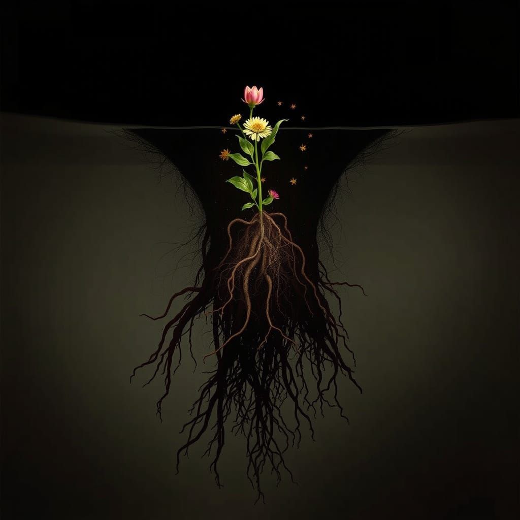 Surreal Blooming Roots Reflecting Constellations