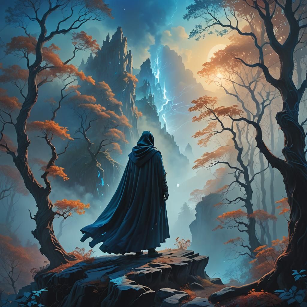 Mysterious Figure Overlooks Glowing Forest as Digital Painti...
