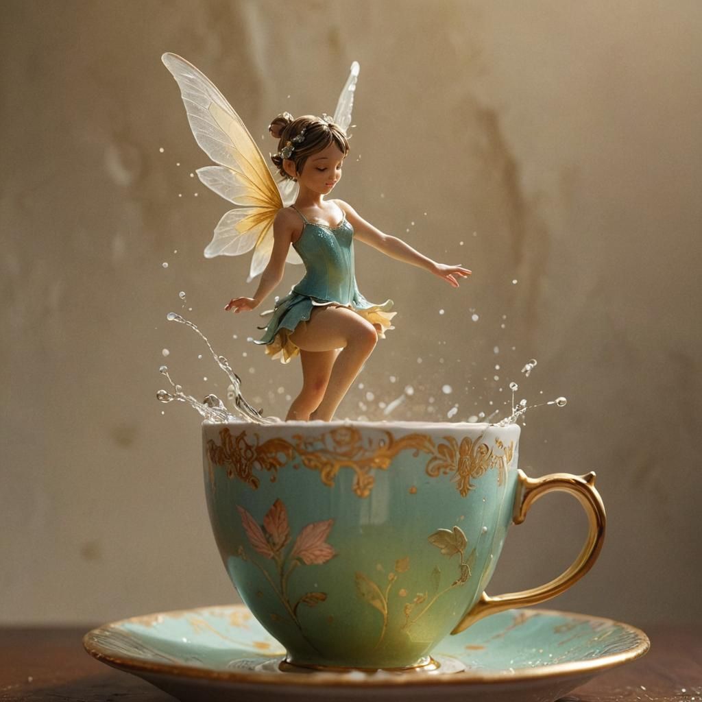 Fairy Dances in Teacup, Hyperrealistic Concept Art