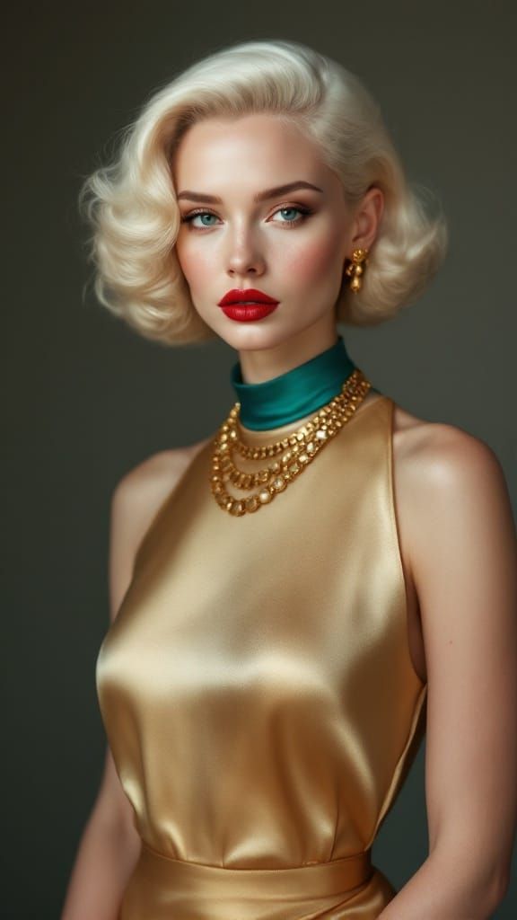 Sleek Art Deco Portrait in Monochrome, Elegant Gold Satin Go...