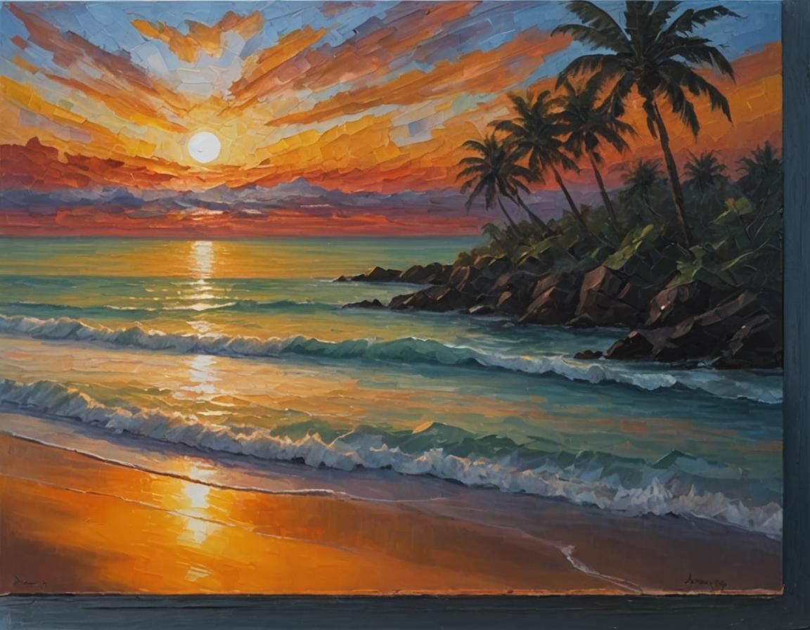Serene Beach Sunset in Impasto Oil Painting