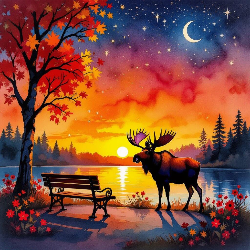Alcohol Ink Autumn Sunset with Moose and Starry Sky