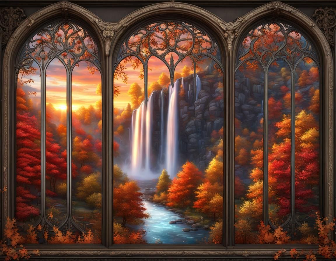 Gothic Window Overlooking Autumn Waterfall Landscape