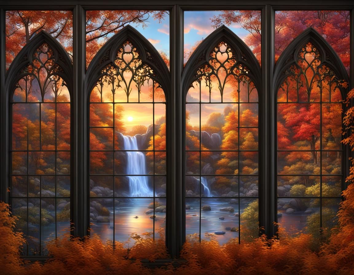 Autumn Wonderland Through Gothic Window in Digital Watercolo...