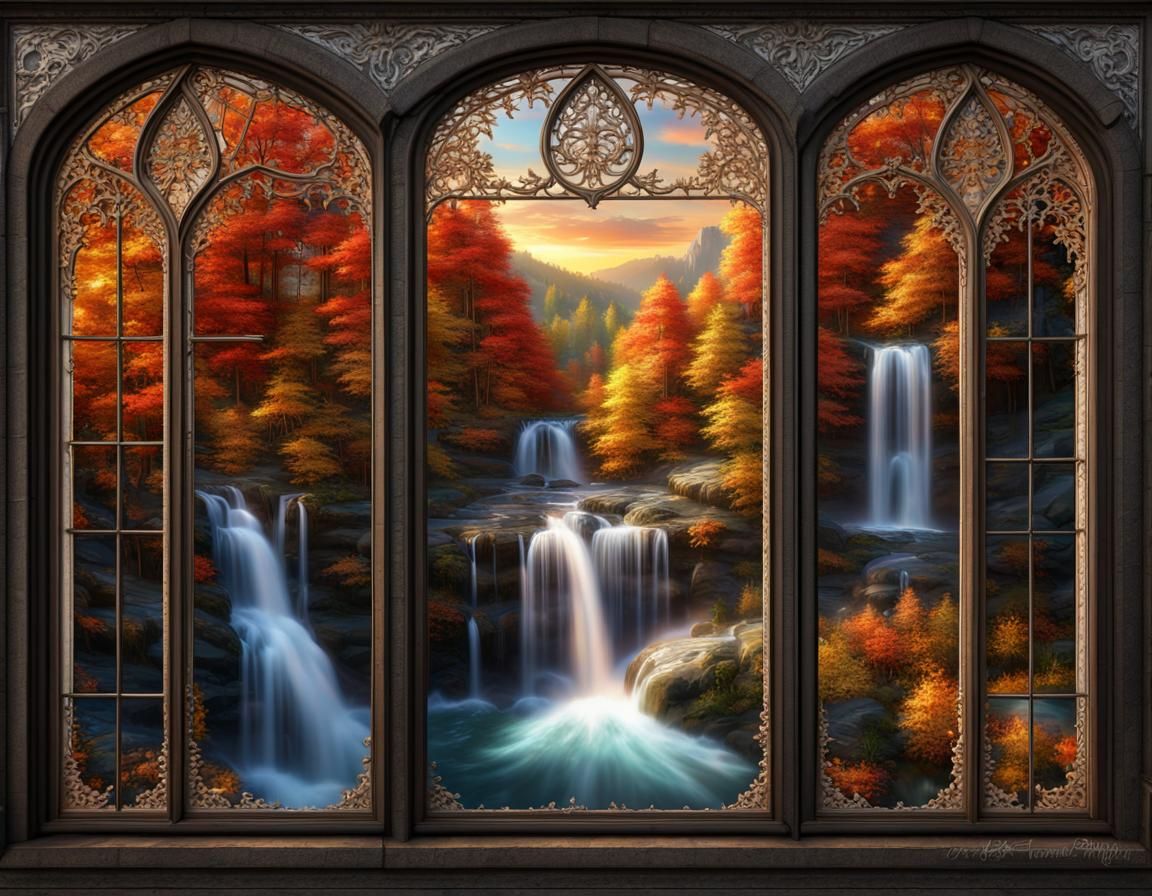 Autumn Wonderland Through Gothic Window: Digital Watercolor