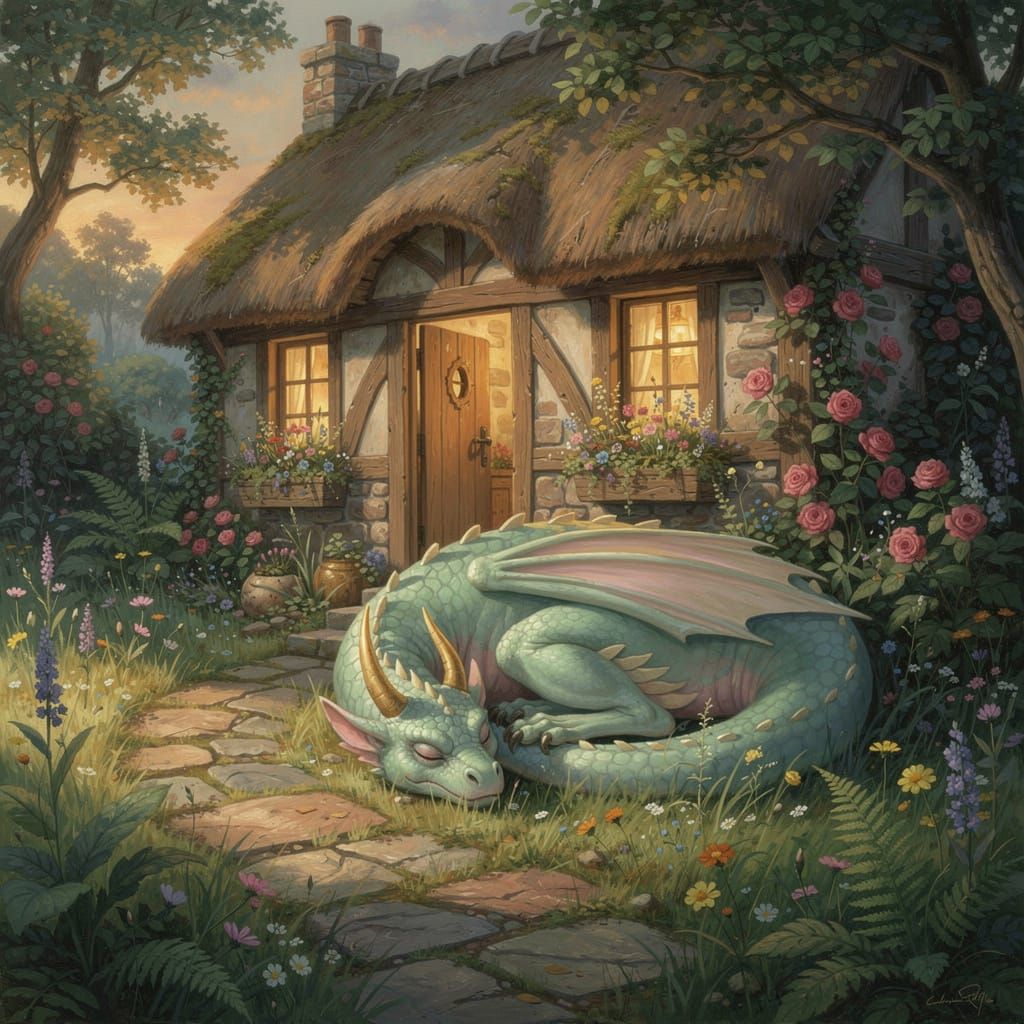 Friendly Dragon Sleeping Near Cottage in Oil Painting Style