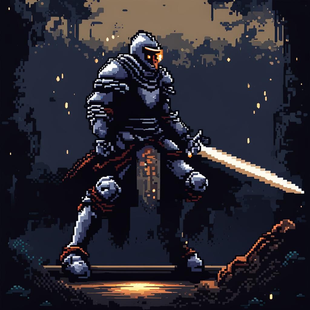Pixel Art Knight in Dark Battle
