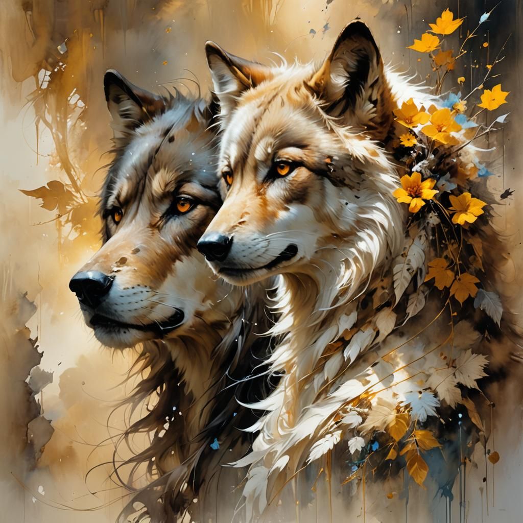 Beautiful Wolf Dreamscape in Watercolor Style