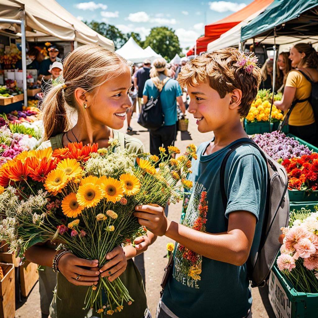 Boy Offers Flowers at a Summer Farmers Market
