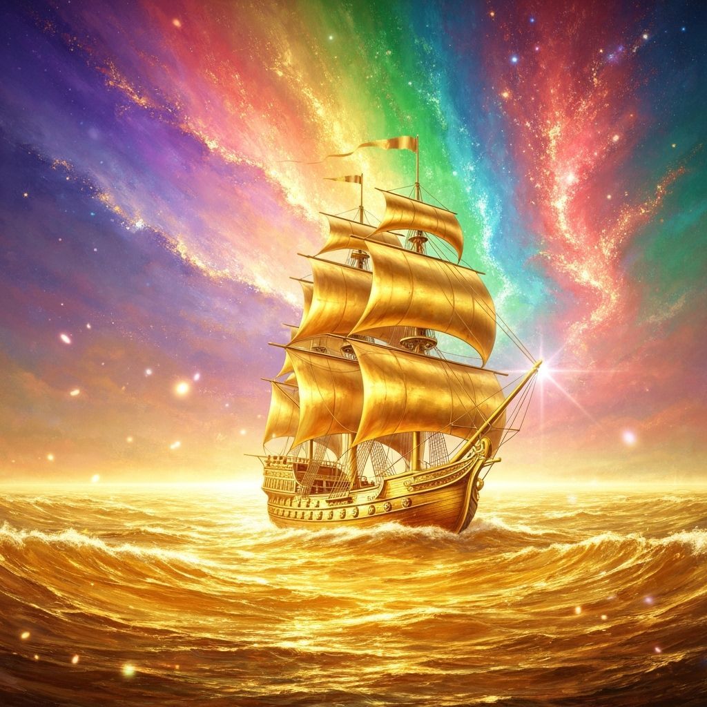 Golden Ship on Sunlit Waves Under Cosmic Aurora Sky