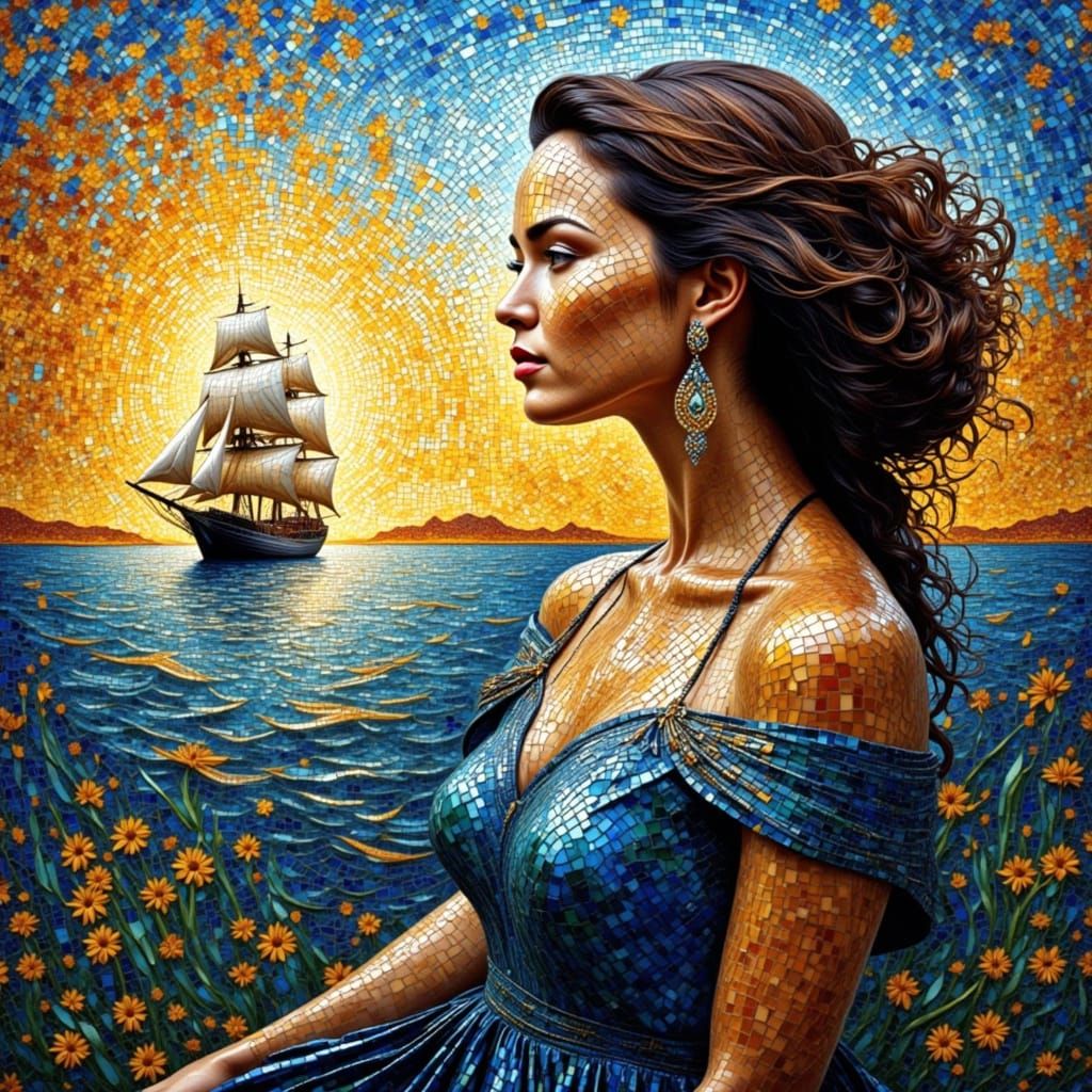 Elegant Woman Contemplates Majestic Tall Ship in Stunning Gl...