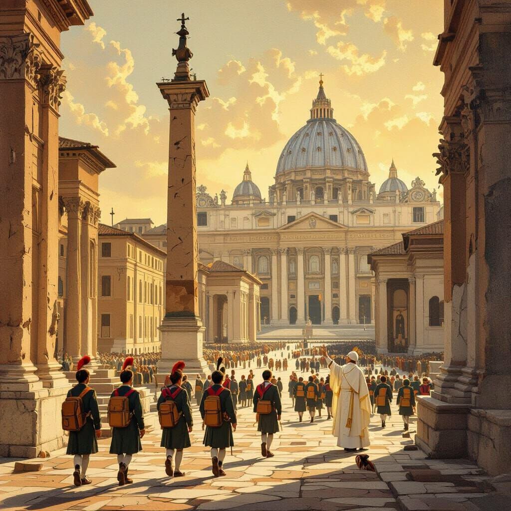 Rome Monuments with Scouts and Pope in Renaissance Style