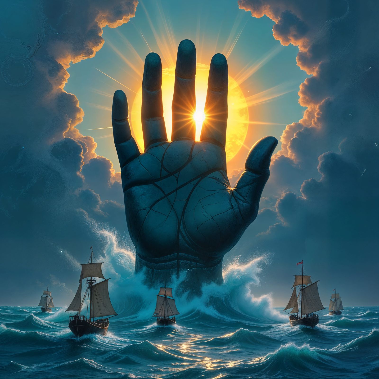 Divine Stone Hand Grasps Sun Over Ocean