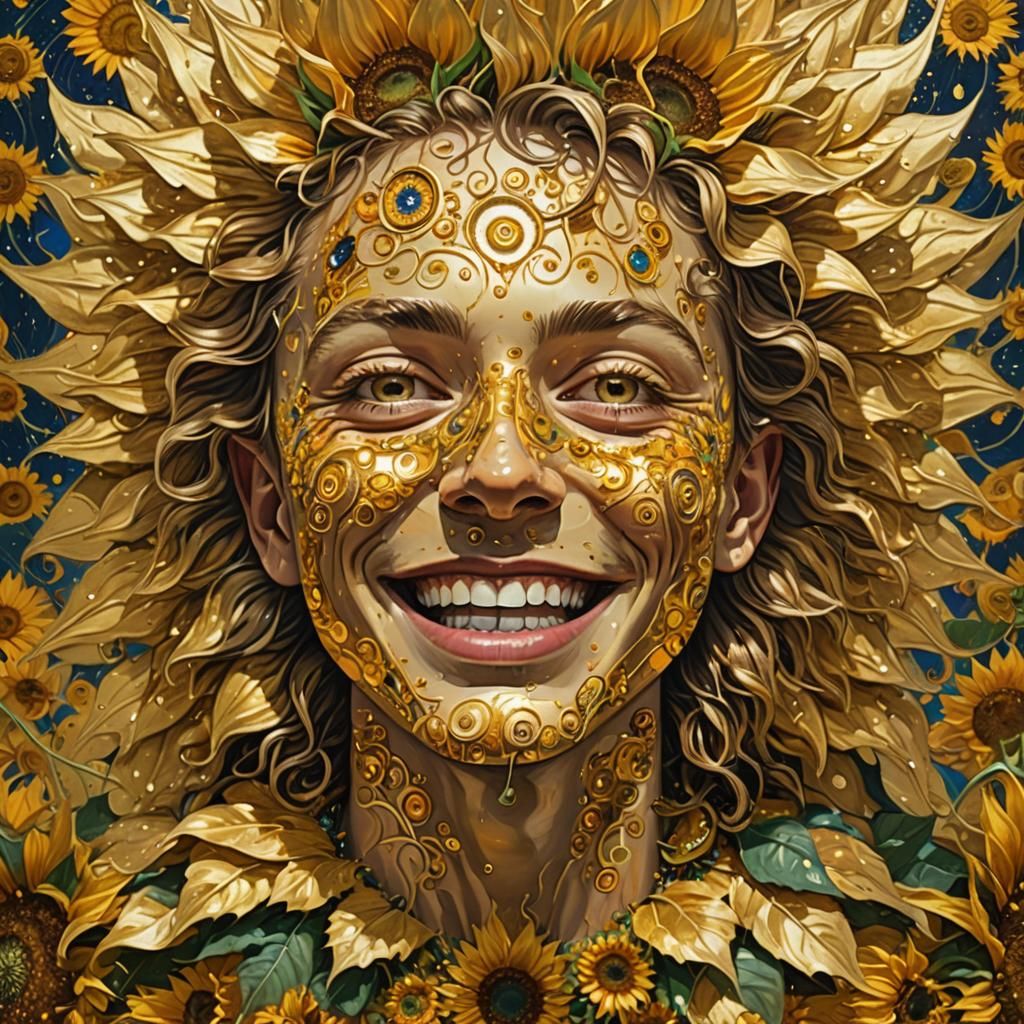 Radiant Childgod Laughing in Klimt-inspired Sunflower Field