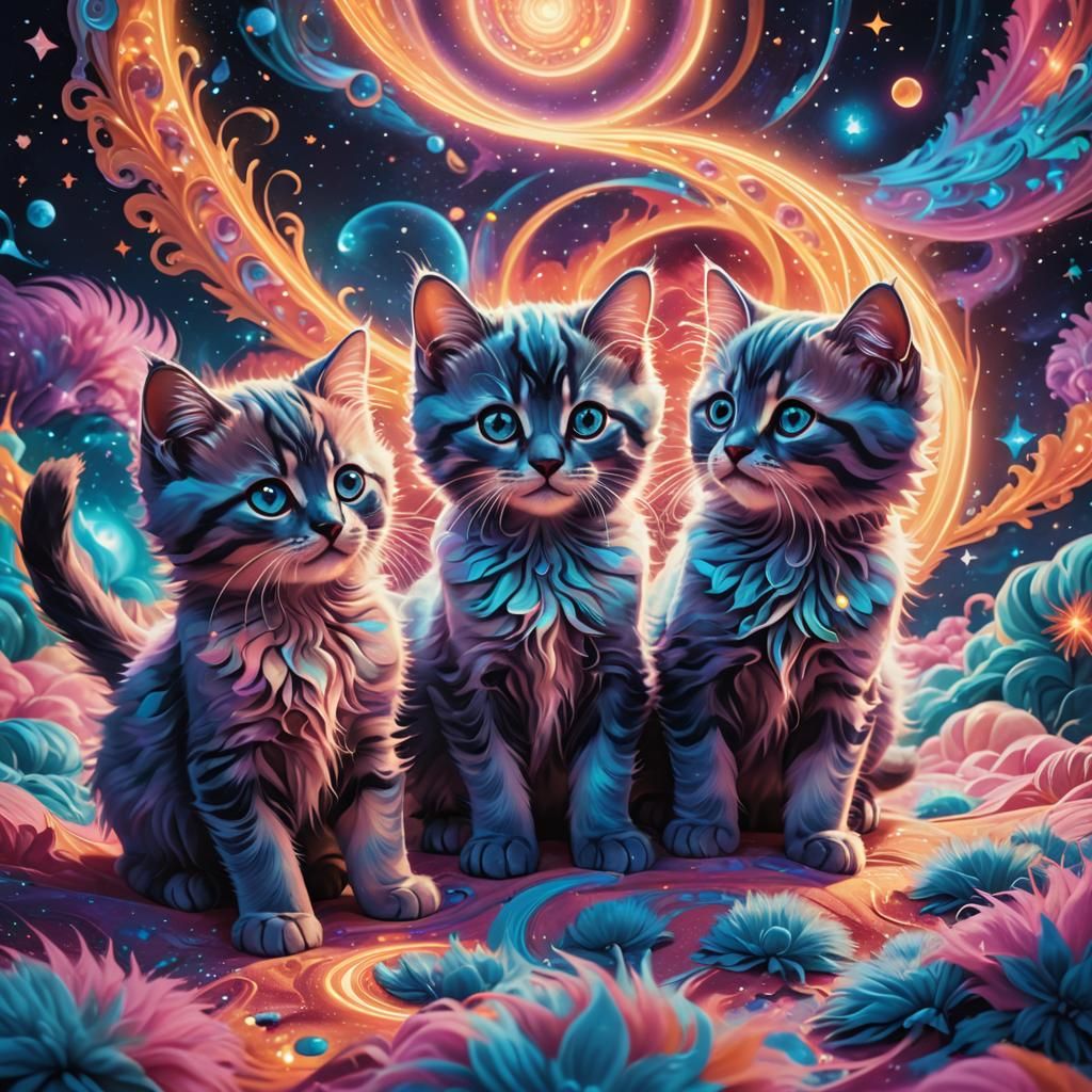 Psychedelic Kittens in Surreal Astral Landscape