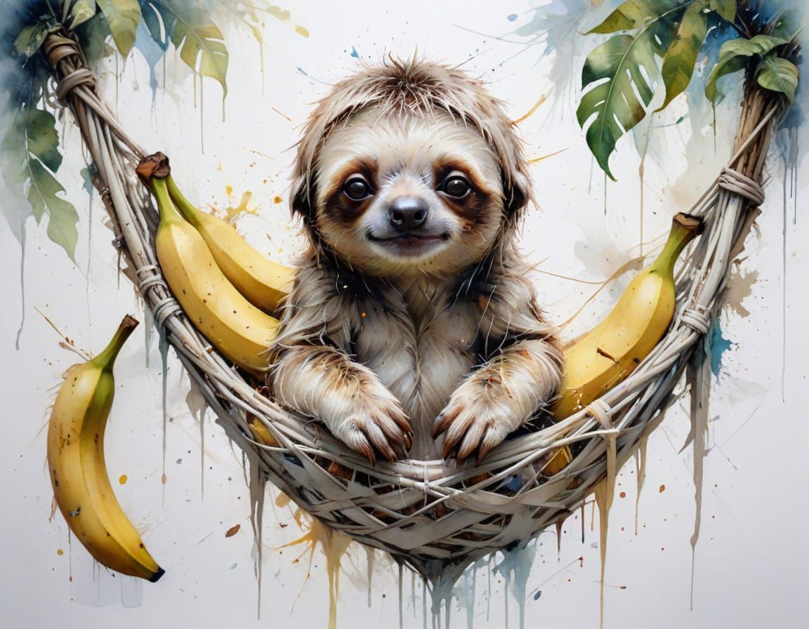 Sloth Hugging Banana Toy in Hammock, Watercolour Style