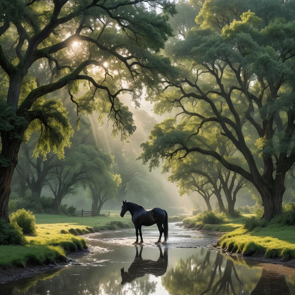 Horse Ranch at Misty Dawn: A Photorealistic Matte Painting