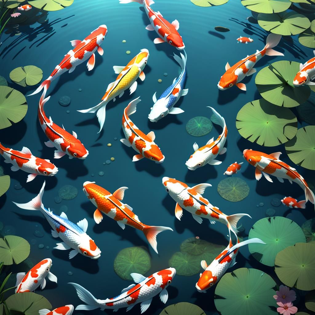 Translucent Koi Fish in Pond: 3D Digital Art