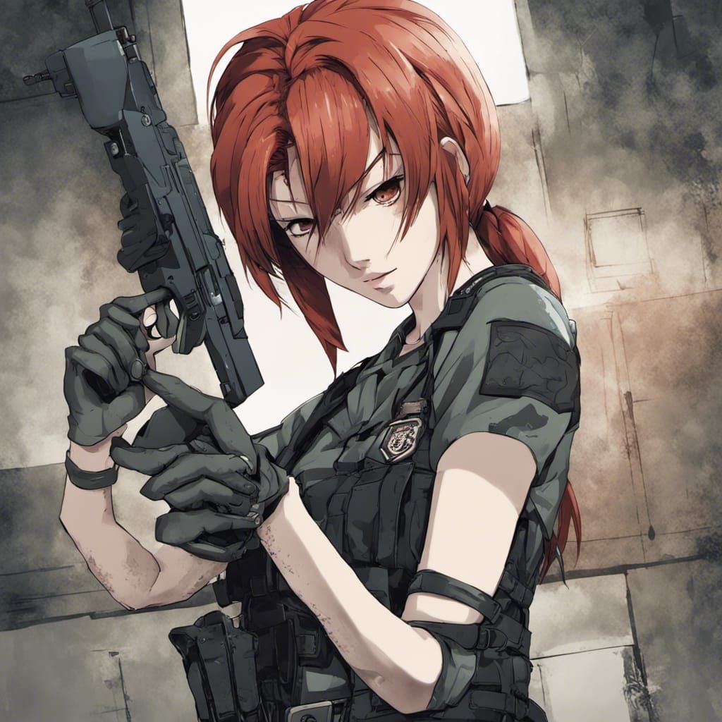 Red-Haired Girl with Gun in Anime Style
