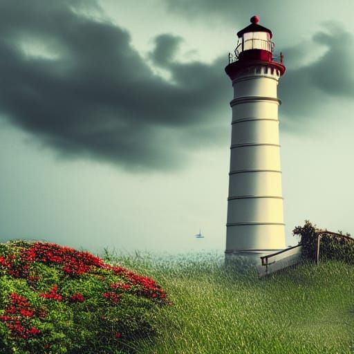Lighthouse Embraced by Nature: Detailed Digital Painting