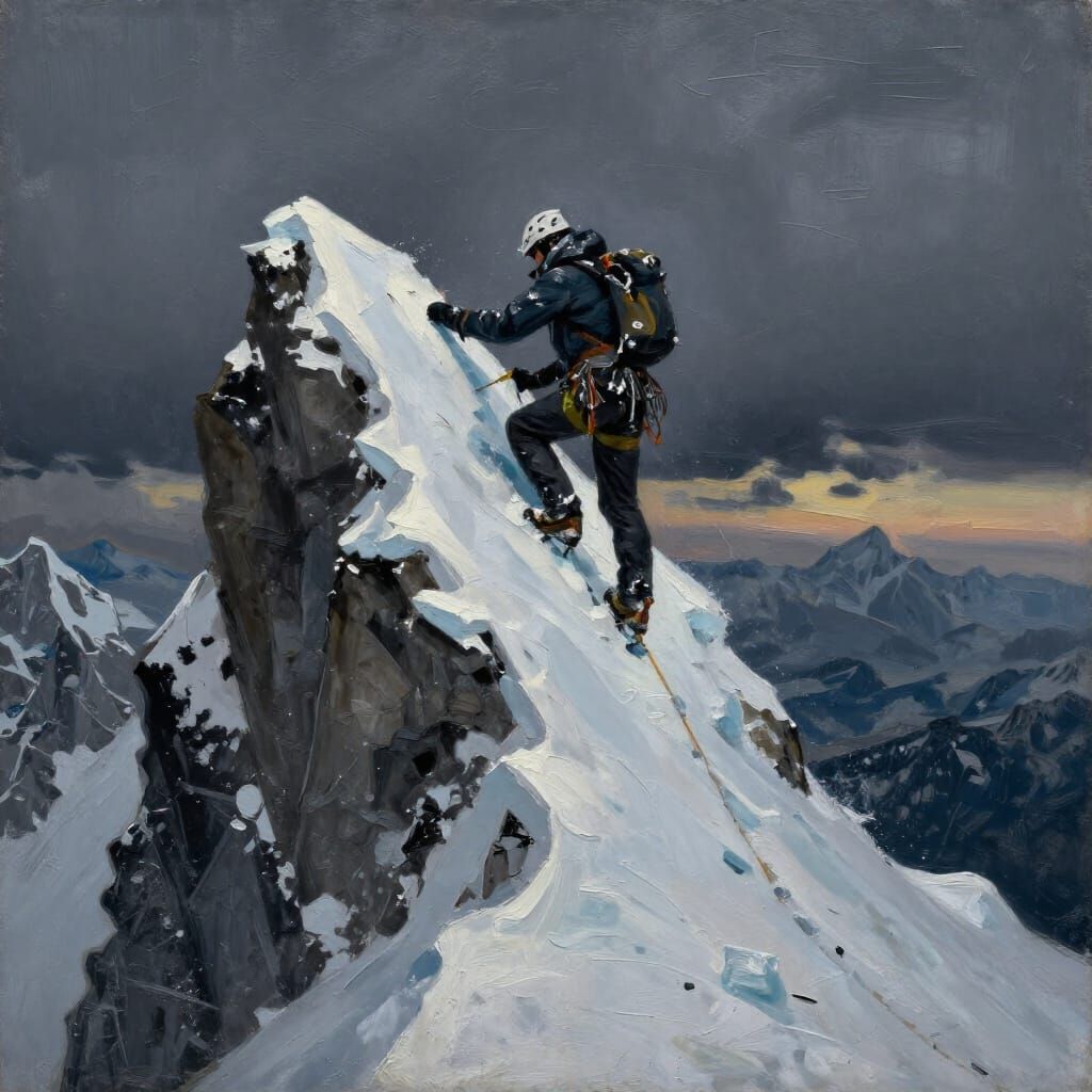 Lone Climber on Icy Peak in Twilight Oil Painting