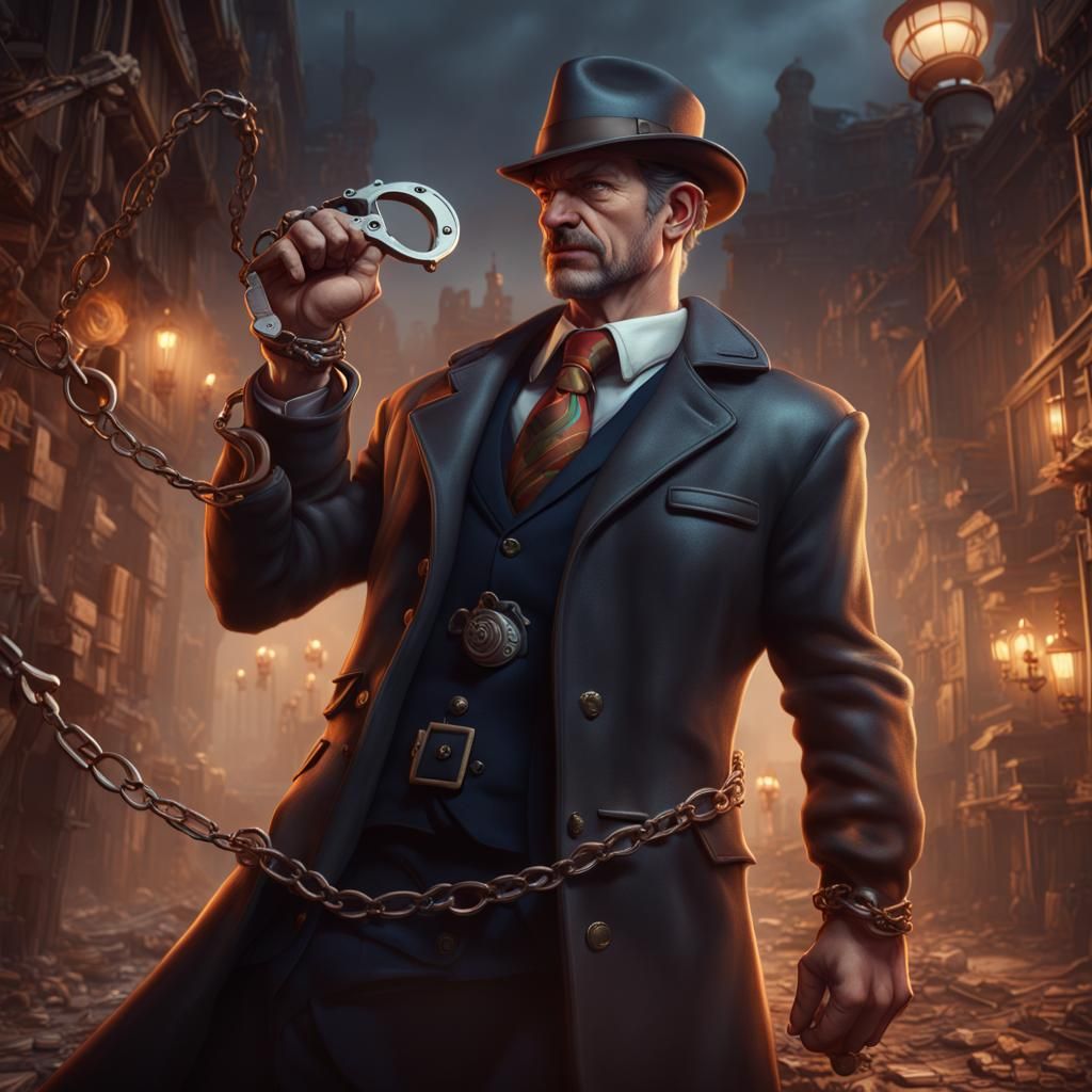 Dominant Detective with Handcuffs in Detailed Matte Painting